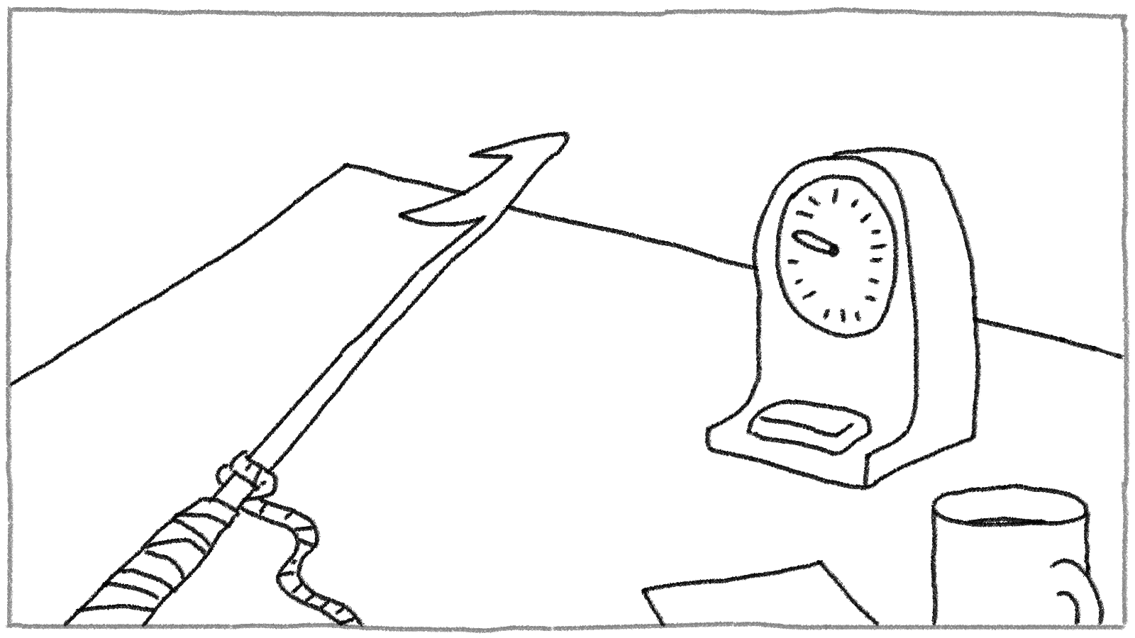 drawing of a table with a stopwatch, a mug, a note, and a harpoon on it
